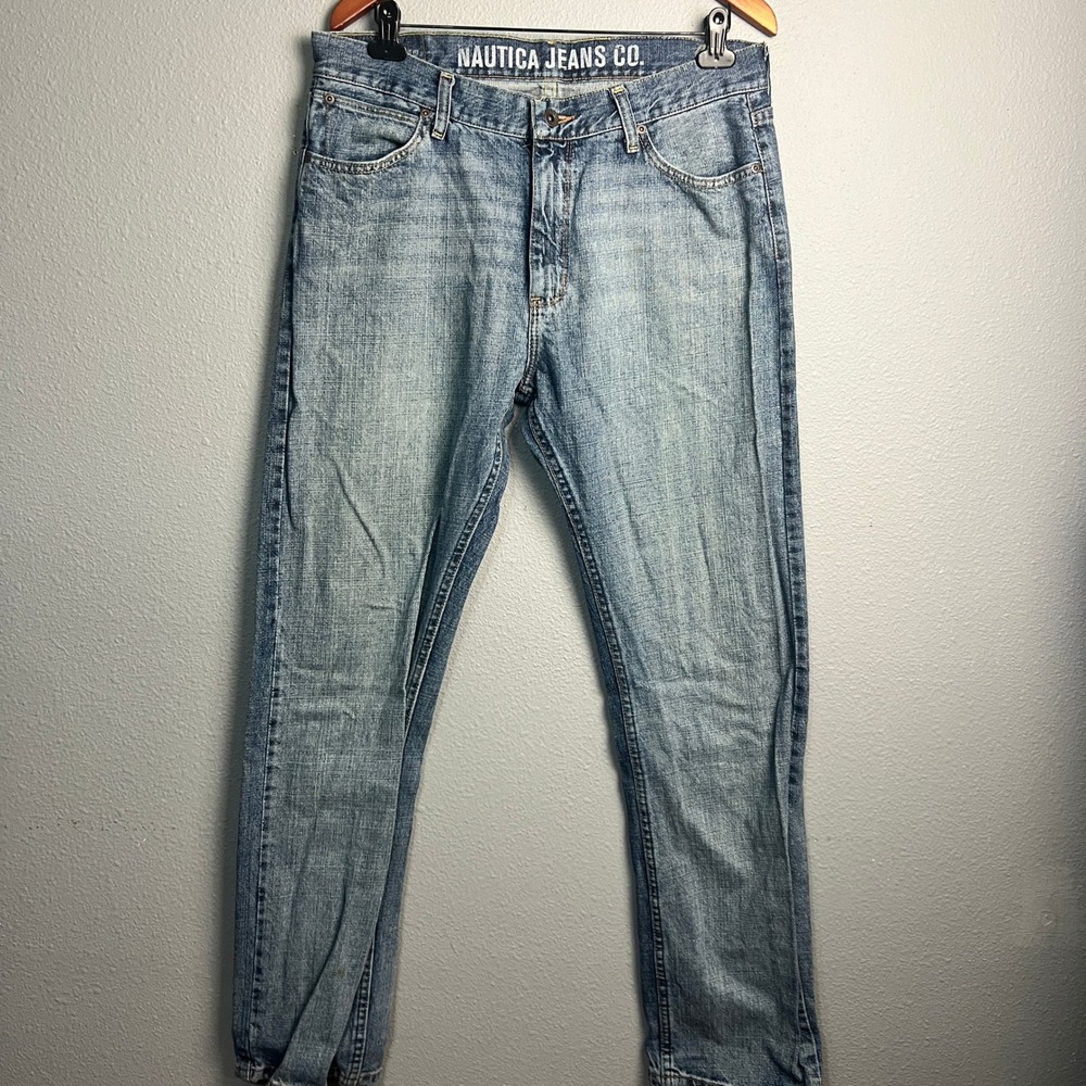 Nautica Jeans Co. Light Wash Denim Straight Fit Grunge Relaxed Jeans Sz 35x34